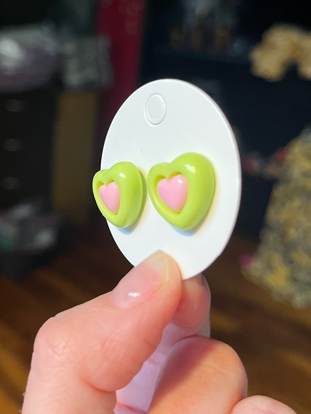 Hand Crafted Green and Pink Heart Stud Earrings - Picture 2 of 5
